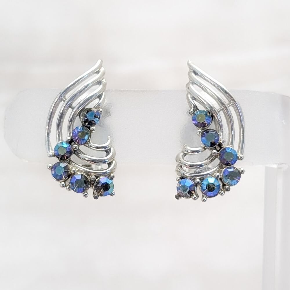 Vintage Clip On Earrings Silver Tone with Blue Iridescent Gems - Stamped Star